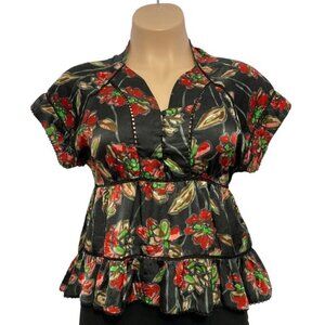 ESLEY Boho Casual‎ Cinch-Waist Floral Top Large Black Multicolor Hi-Lo Baby-Doll